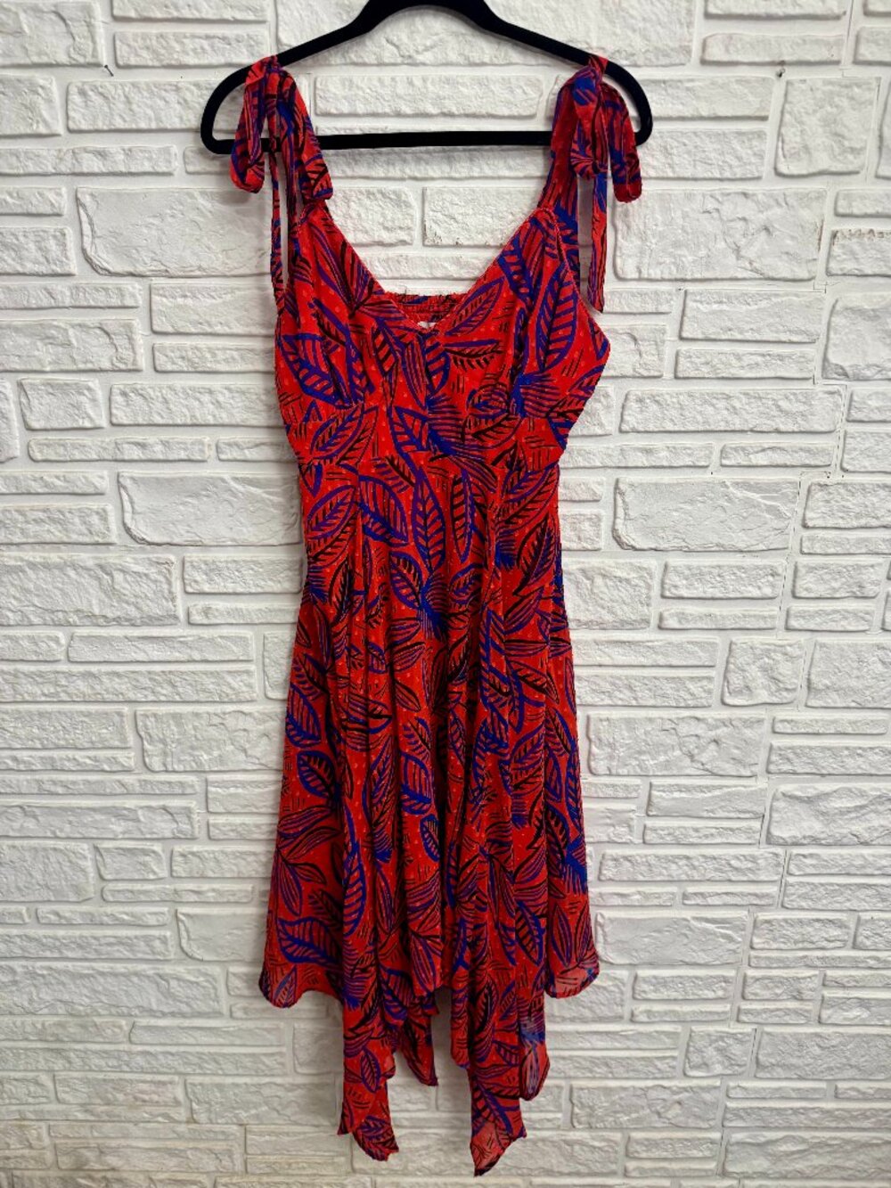 Alexis Tropical Leaf Tie Shoulder Asymmetrical Handkerchief Midi Dress